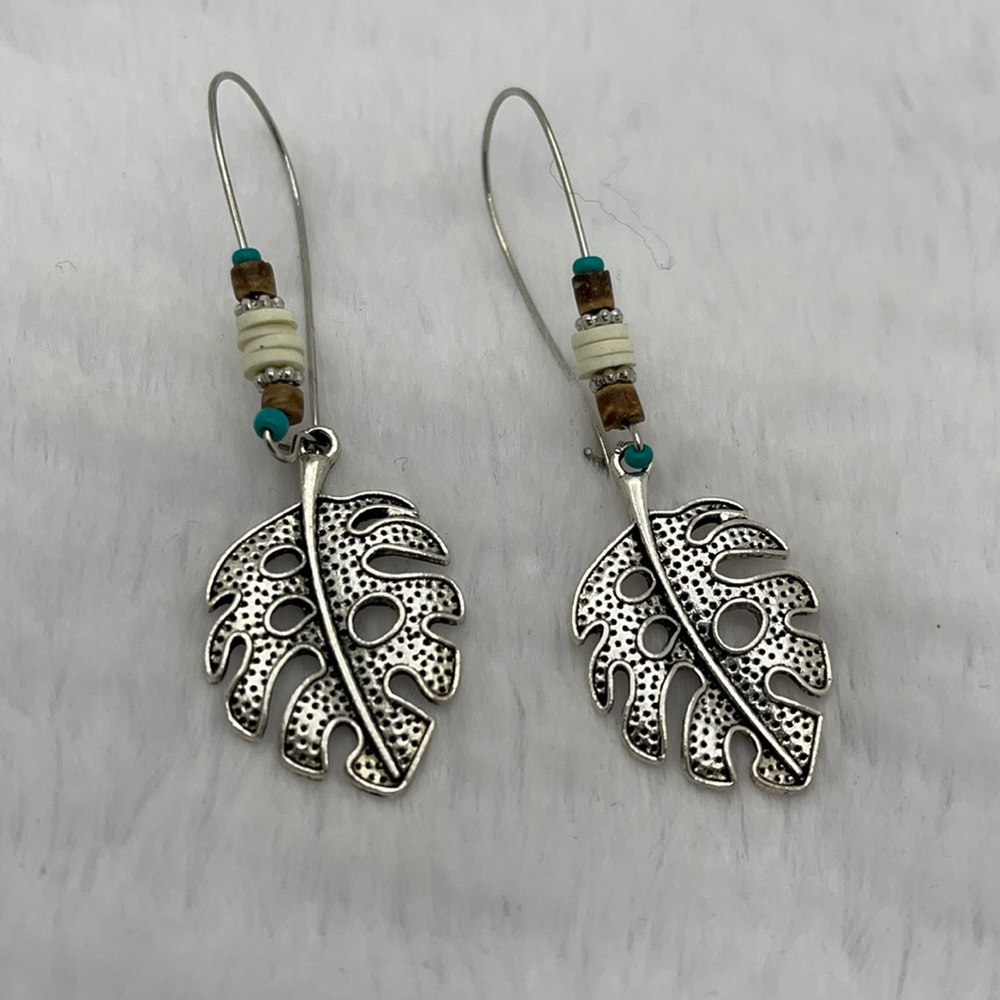 Beaded Silver Tone Leaf Dangle Earrings